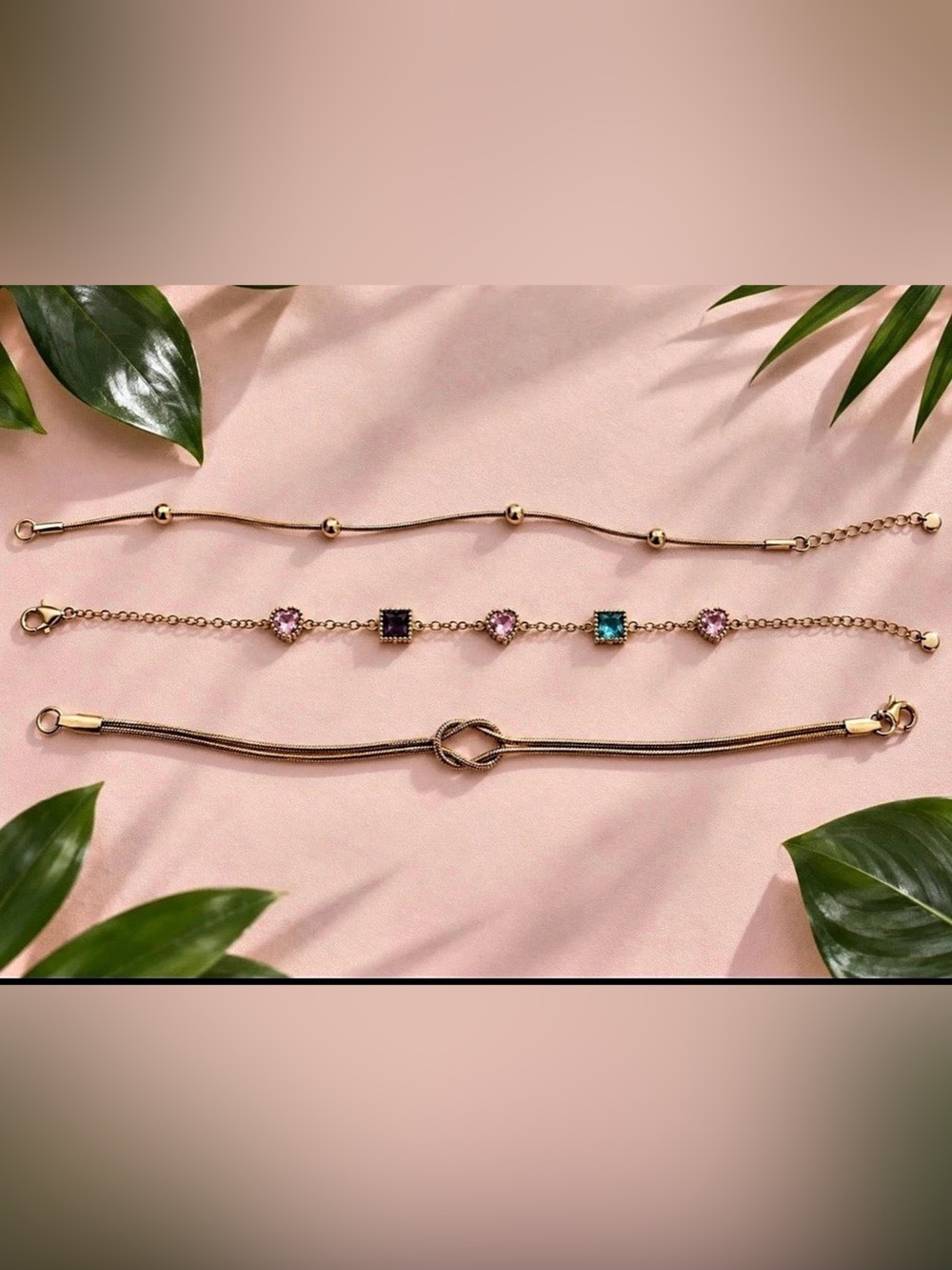 Stainlees Steel 304K & 18K Gold-Plated Bracelet Set in Gold & Pink NWT